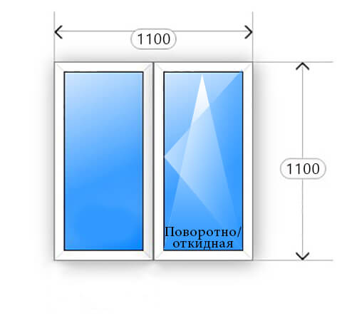Схематичное изображение двухстворчатого окна с поворотно откидной створкой 1100x1100
